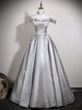 A-Line Off Shoulder Satin Gray Long Prom Dress, Gray Long Formal Dress
