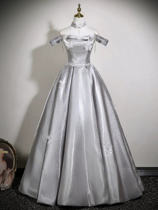 A-Line Off Shoulder Satin Gray Long Prom Dress, Gray Long Formal Dress