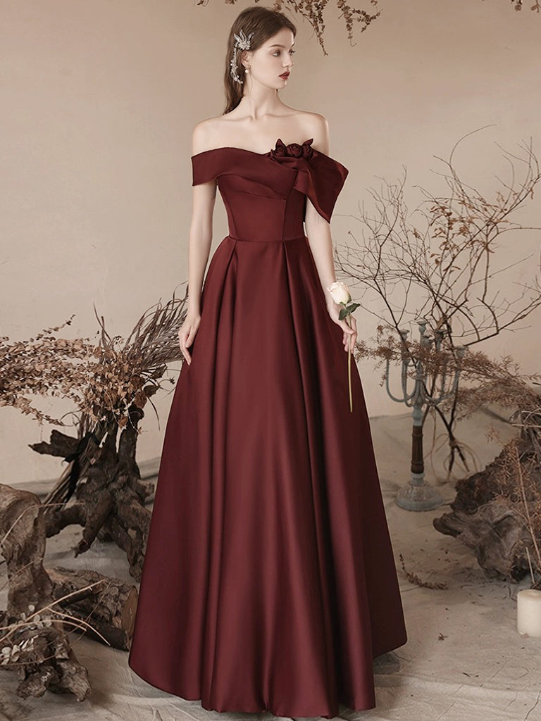 A-Line Off Shoulder Satin Burgundy Long Prom Dress, Burgundy Long Formal Dress