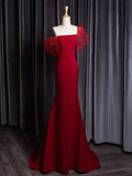 Mermaid One Shoulder Satin Tulle Burgundy Long Prom Dress