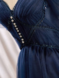 Dark Blue V Neck Tulle Short Prom Dress, Blue Homecoming Dress
