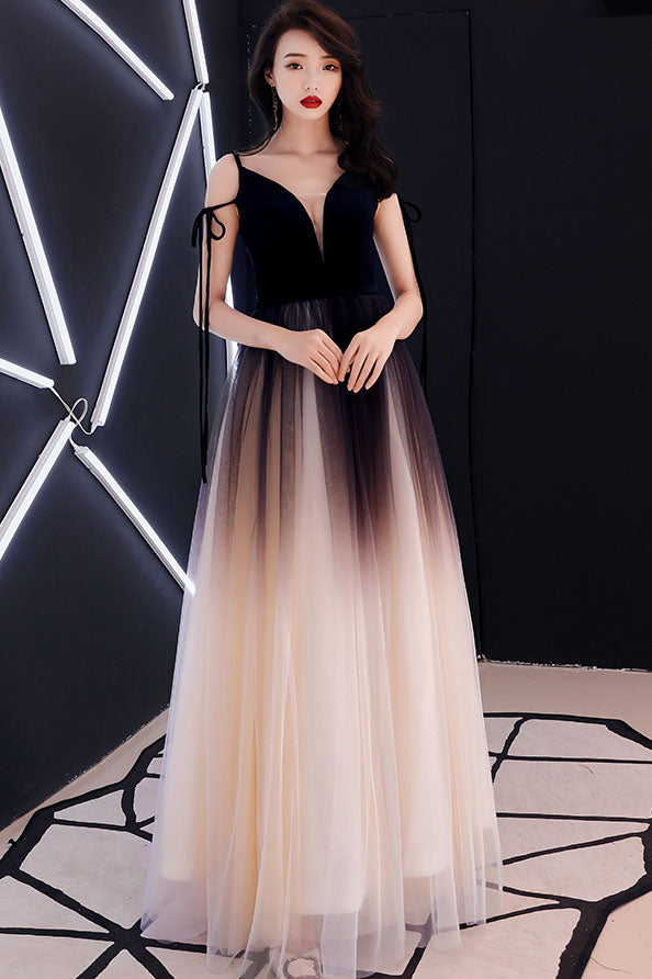 Unique black tulle long prom dress, black tulle evening dress