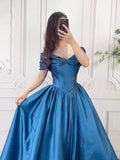 A-Line Off Shoulder Taffeta Blue Long Prom Dress, Blue Long Evening Dress