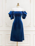 Blue Velvet Beads Short Prom Dress, Blue Cocktail Dress