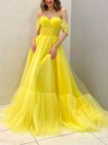 Yellow off shoulder tulle long prom dress, yellow tulle evening dress