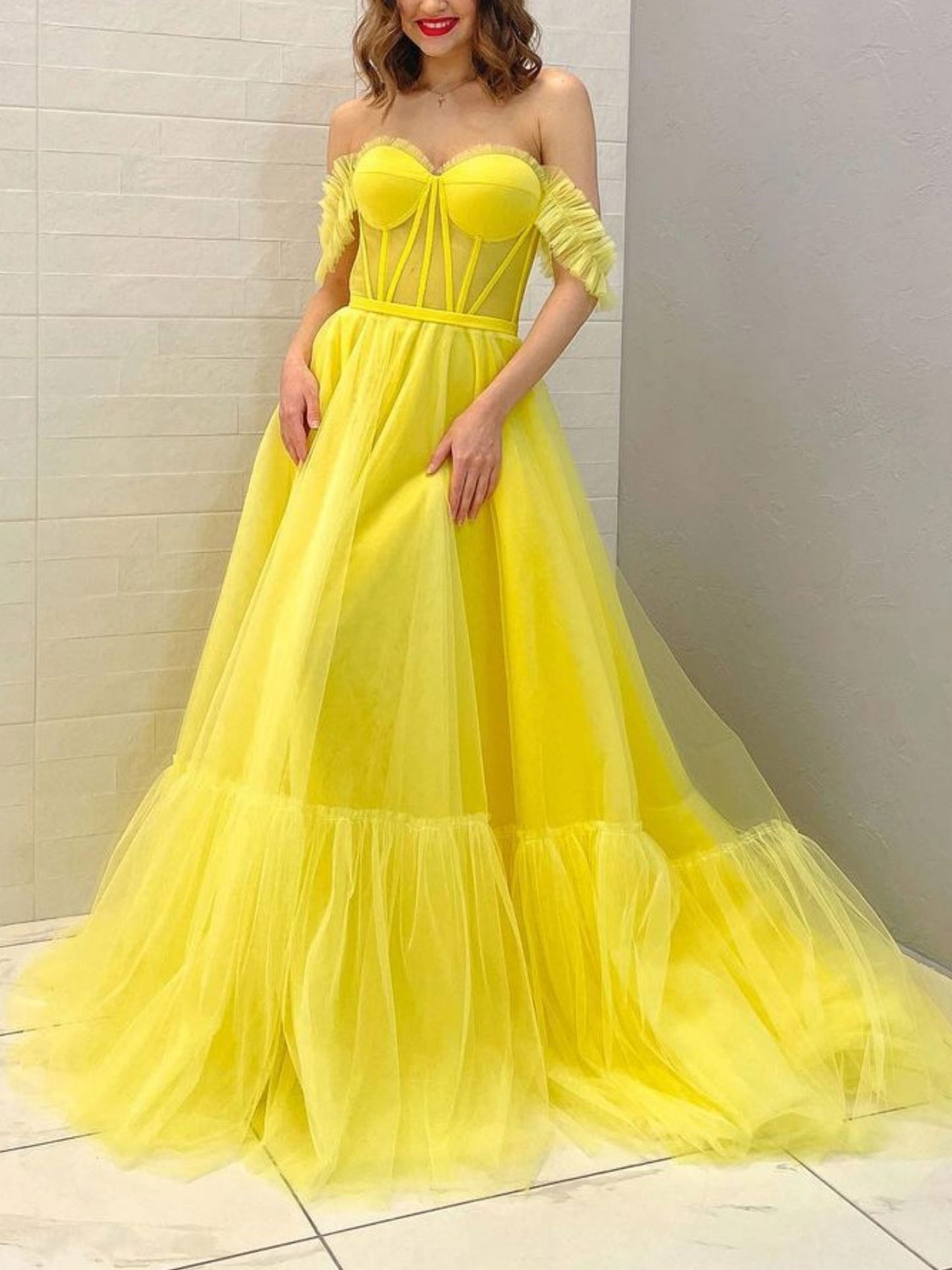 Yellow off shoulder tulle long prom dress, yellow tulle evening dress