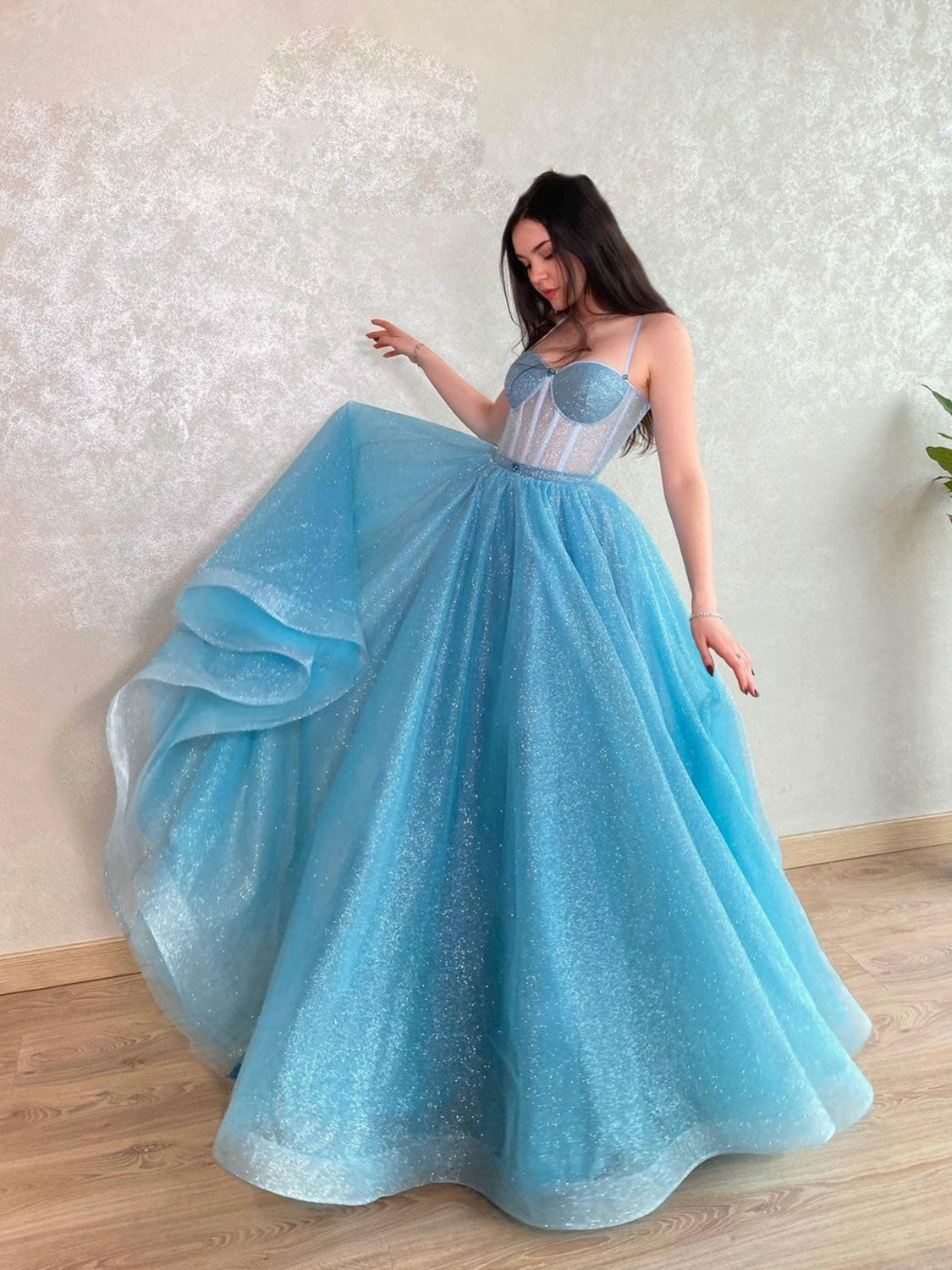Blue sweetheart neck tulle sequin long prom dress, blue evening dress