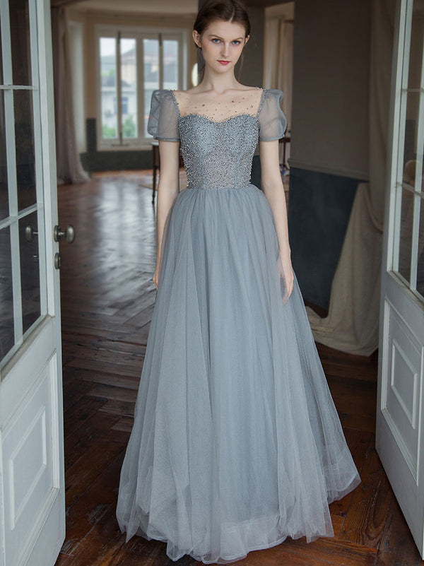 Gray tulle beads long prom dress, tulle long sweet 16 dress