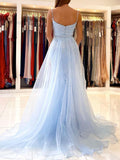 Blue mermaid lace tulle long prom dress, blue evening dress