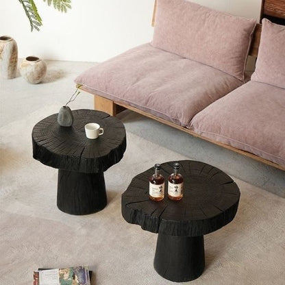 Charred Black Wood Side Table – Sculptural Solid Wood Accent Stool
