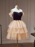 A-Line Sweetheart Neck Tulle Champagne Short Prom Dress, Champagne Homecoming Dress