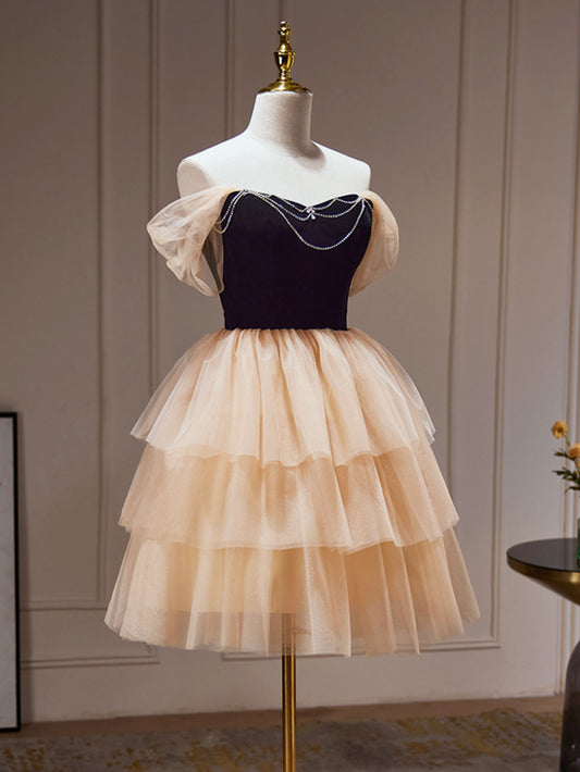 A-Line Sweetheart Neck Tulle Champagne Short Prom Dress, Champagne Homecoming Dress