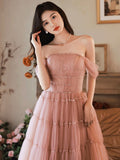 A-Line Pink Off Shoulder Long Prom Dress, Pink Long Formal Dress