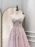 A-Line Sweetheart Neck Tulle Lace Pink Long Prom Dress, Pink Formal Dresses