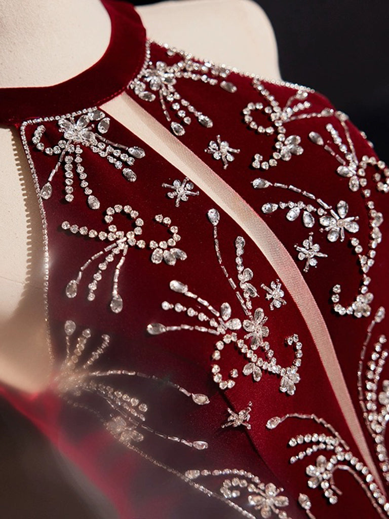 A-Line Velvet Sequin Burgundy Long Prom Dress, Burgundy Long Formal Dress