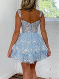 Unique V Neck Sequin Mini Blue Short Prom Dress, Blue Homecoming Dress