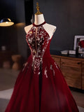 A-Line Velvet Sequin Burgundy Long Prom Dress, Burgundy Long Formal Dress