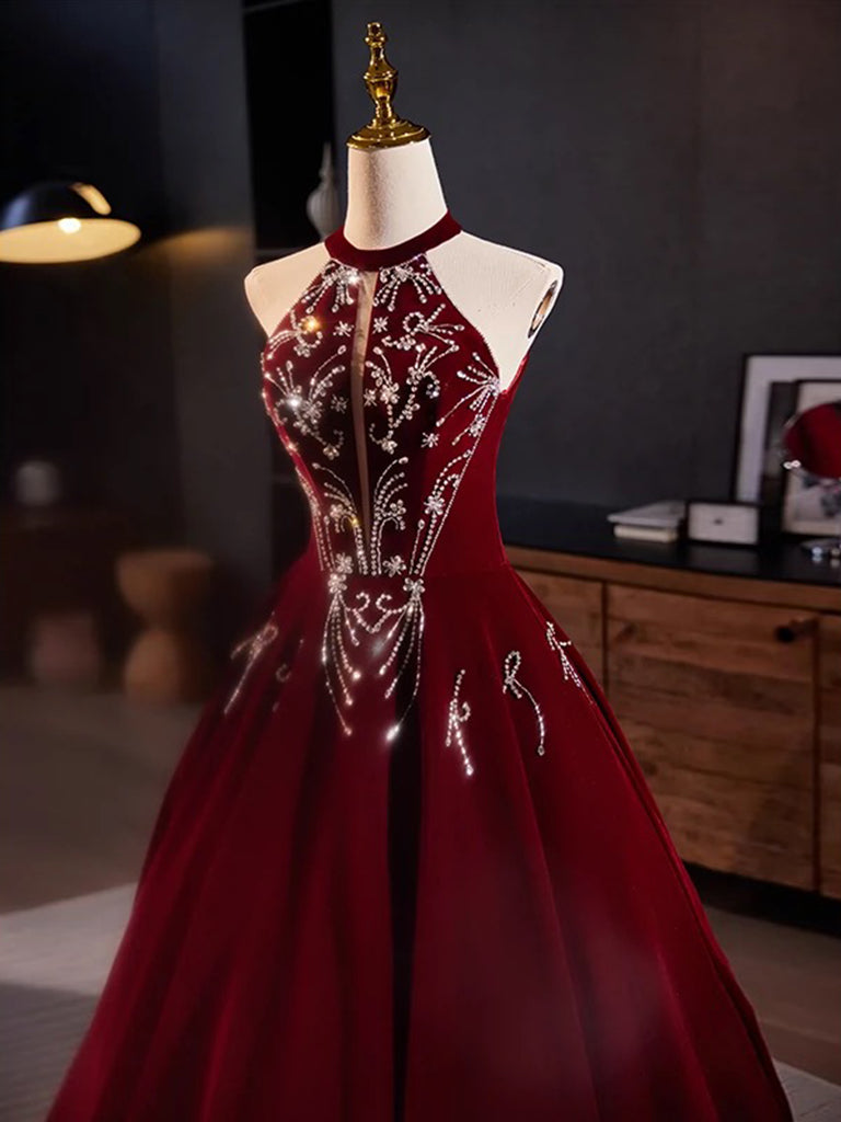 A-Line Velvet Sequin Burgundy Long Prom Dress, Burgundy Long Formal Dress