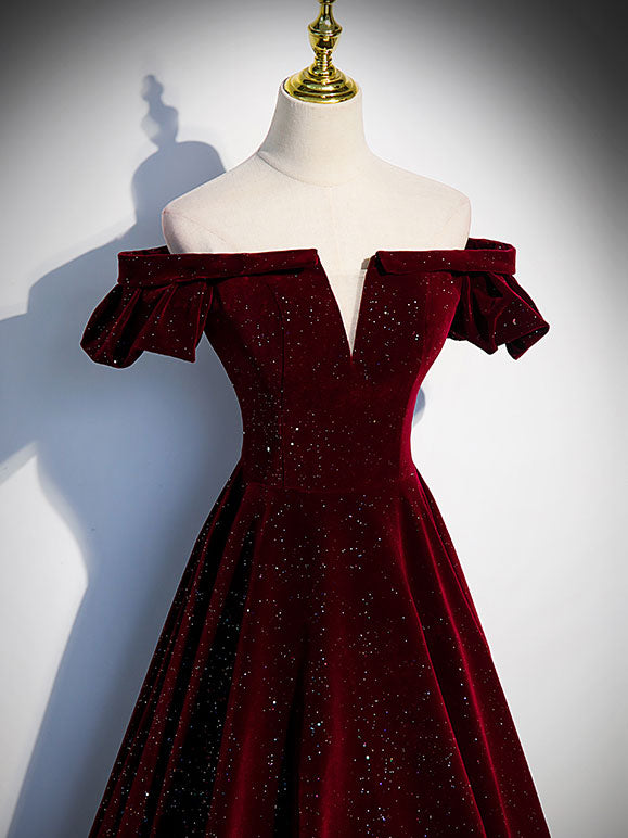 Burgundy velvet beads long prom dress, burgundy evening dress