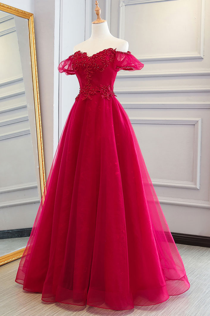 Red tulle long prom dress, ted tulle lace evening dress