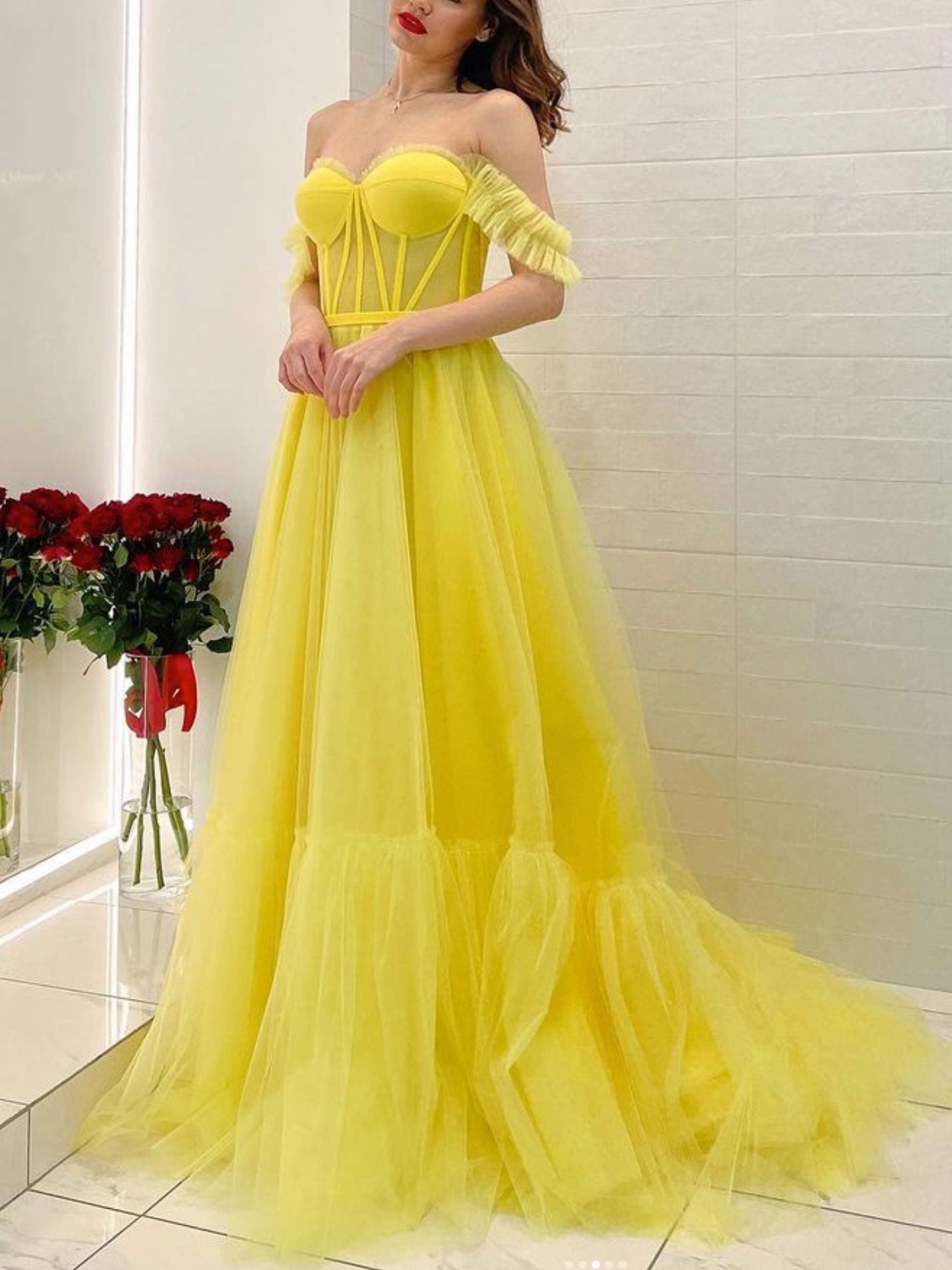 Yellow off shoulder tulle long prom dress, yellow tulle evening dress
