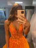 Orange v neck tulle lace long prom dress, orange evening dress