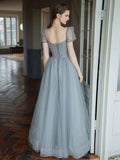 Gray tulle beads long prom dress, tulle long sweet 16 dress