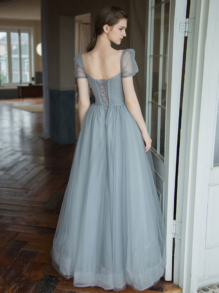 Gray tulle beads long prom dress, tulle long sweet 16 dress