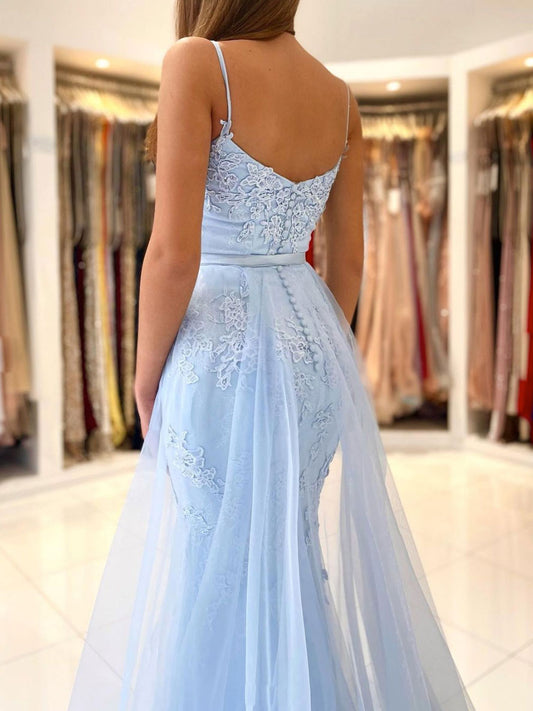 Blue mermaid lace tulle long prom dress, blue evening dress
