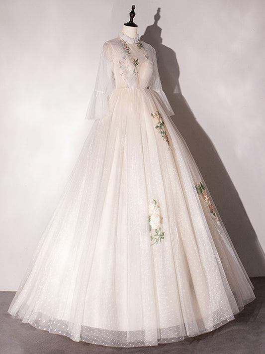 Champagne A-Line Tulle Lace Long Prom Dress