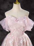 A-Line Off Shoulder Pink Long Prom Dress, Pink Sweet 16 Dress