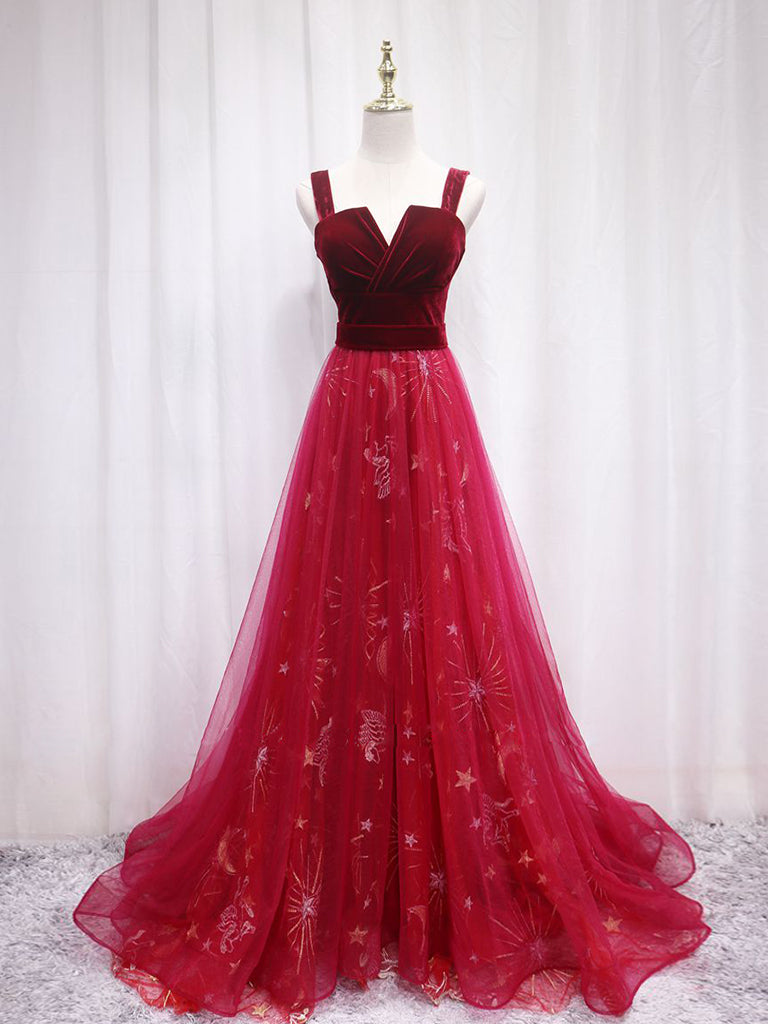 A-Line Burgundy Tulle Lace Long Prom Dress, Burgundy Long Evening Dress