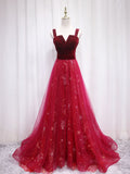 A-Line Burgundy Tulle Lace Long Prom Dress, Burgundy Long Evening Dress