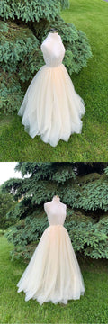 Light champagne tulle long prom dress champagne formal dress