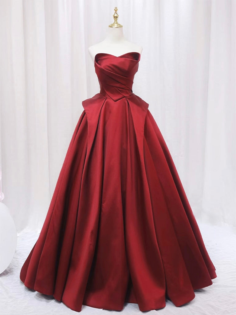 A-Line Satin Burgundy Long Prom Dress, Burgundy Formal Dress