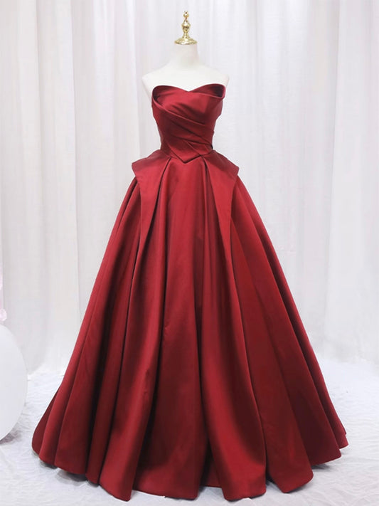 A-Line Satin Burgundy Long Prom Dress, Burgundy Formal Dress