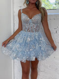 Unique V Neck Sequin Mini Blue Short Prom Dress, Blue Homecoming Dress