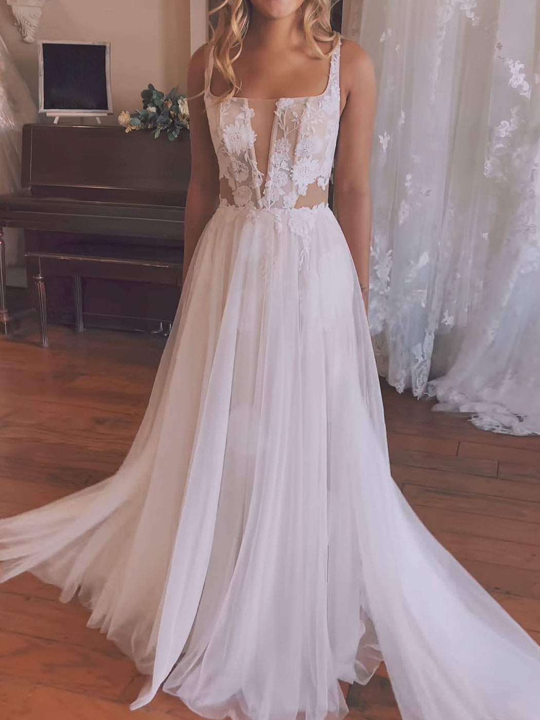 Aline Chiffon Lace White Long Prom Dress, Lace White Formal Evening Party Dress