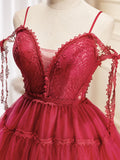 A-Line Burgundy Lace Short Prom Dress, Burgundy Homecoming Dresses
