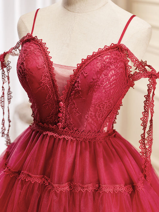 A-Line Burgundy Lace Short Prom Dress, Burgundy Homecoming Dresses