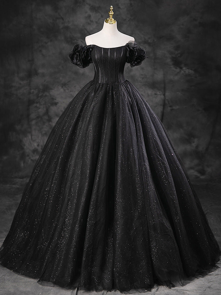 A-line Off Shoulder Tulle Black Long Prom Dress, Black Long Evening Gown