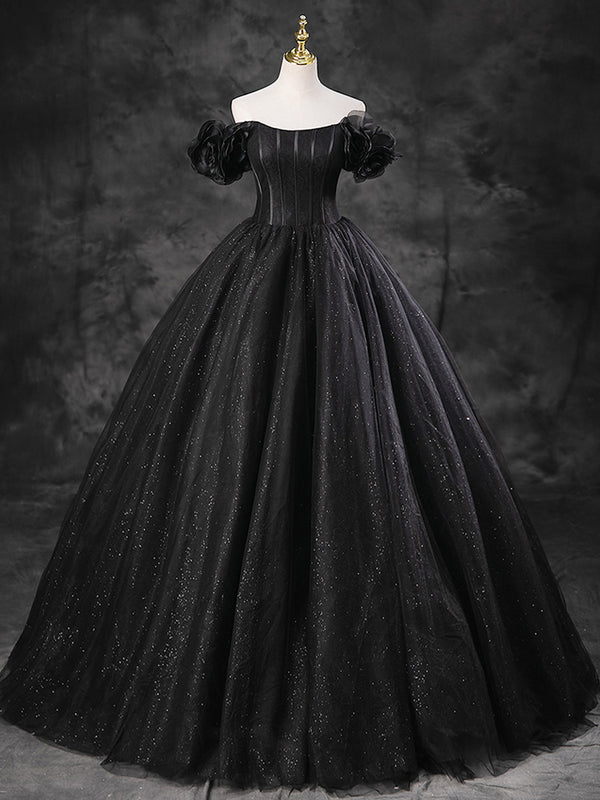 A-line Off Shoulder Tulle Black Long Prom Dress, Black Long Evening Gown