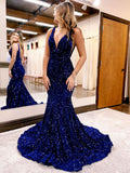 Unique Velvet Sequin Mermaid Long Prom Dresses, Sequin Formal Dresses