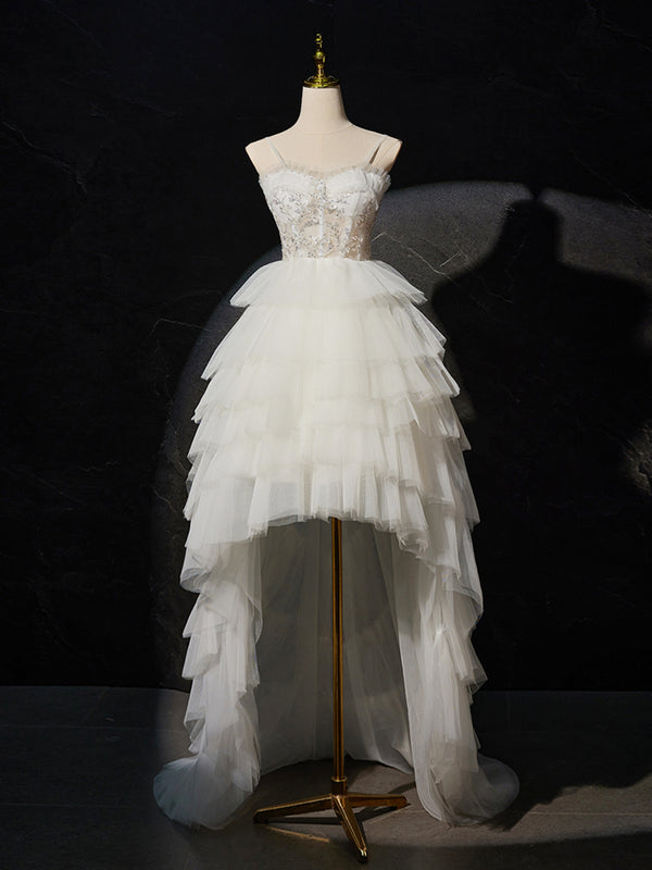 White Sweetheart Neck High Low Prom Dress, Lace Tulle White Graduation Dress
