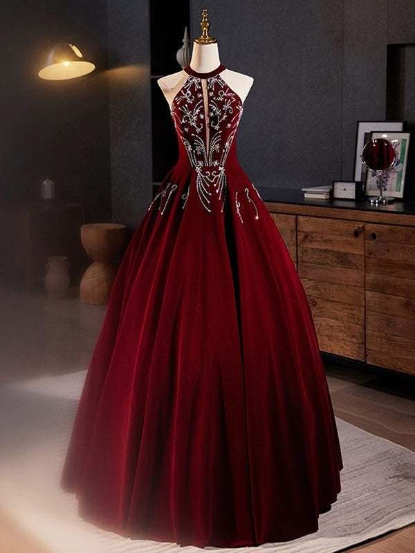 A-Line Velvet Sequin Burgundy Long Prom Dress, Burgundy Long Formal Dress