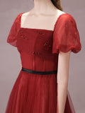 A-Line Burgundy Tulle Tea Length Prom Dress, Burgundy Formal Dress
