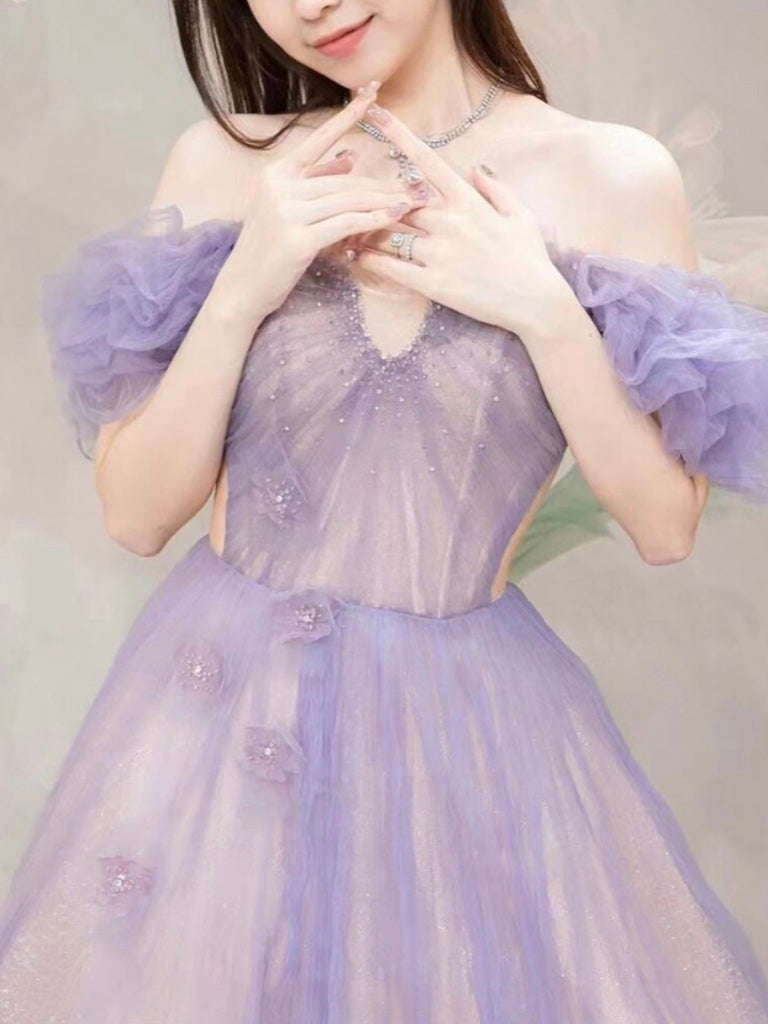 A-Line Off Shoulder Purple Tulle Long Prom Dress, Purple Formal Dress