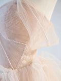 Champagne Pink Off Shoulder Tulle Lace Long Prom Dress, Champagne Formal Dress