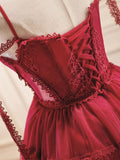 A-Line Burgundy Lace Short Prom Dress, Burgundy Homecoming Dresses