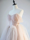 Champagne Pink Off Shoulder Tulle Lace Long Prom Dress, Champagne Formal Dress